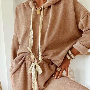 B340 Casual Lace Drawstring Pullover Hoodie and High Waist Pants Corduroy Suit